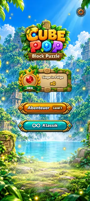 CubePop start screen: the CubePop logo in front of a jungle waterfall, the win streak emblem and the buttons for Adventure and Classic