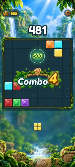 CubePop round on the 8×8 board: a cleared row triggers Combo 4