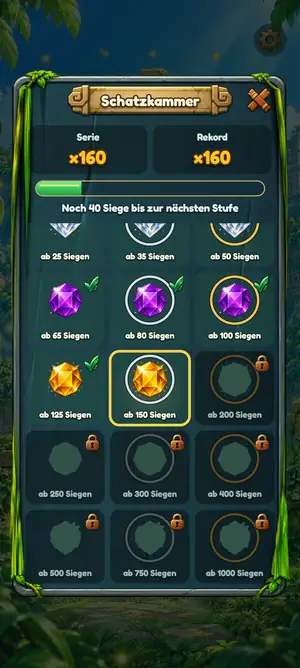 CubePop treasure chamber: gem emblems unlocked by win streaks, with the next level still locked