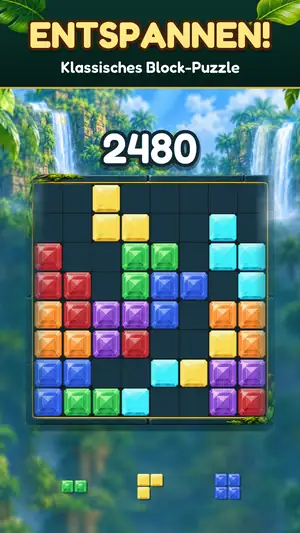 Gem Bash Klassik: das 8×8-Dschungelbrett mit Edelsteinblöcken und Punktestand, Überschrift „Entspannen! Klassisches Block-Puzzle“