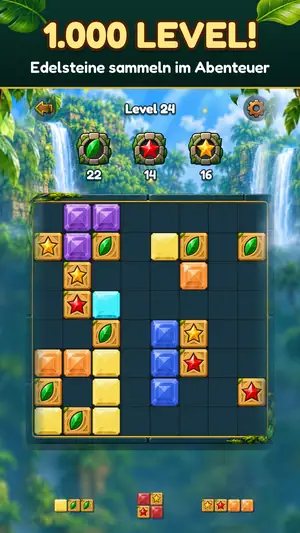 Gem Bash Abenteuer-Level 24 mit Edelstein-Zielen auf dem Brett, Überschrift „1.000 Level! Edelsteine sammeln im Abenteuer“