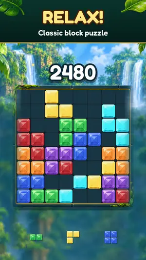 Gem Bash Classic: the 8×8 jungle board with gem blocks and the score, headline “Relax! Classic block puzzle”