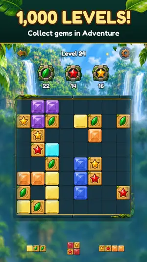 Gem Bash Adventure level 24 with gem goals on the board, headline “1,000 levels! Collect gems in Adventure”