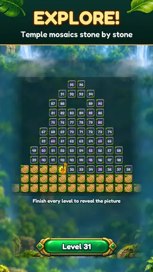 Gem Bash Adventure map: a temple mosaic built stone by stone, headline “Explore! Temple mosaics stone by stone”