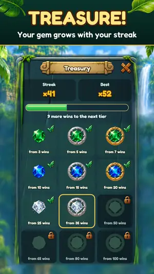 Gem Bash treasure chamber: gem emblems for win streaks, headline “Treasure! Your gem grows with your streak”