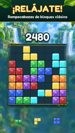 Gem Bash Clásico: el tablero de 8×8 en la selva con bloques de gemas y la puntuación, titular «¡Relájate! Rompecabezas de bloques clásico»