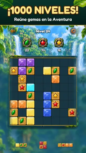 Nivel 24 de Aventura de Gem Bash con objetivos de gemas en el tablero, titular «¡1000 niveles! Reúne gemas en la Aventura»