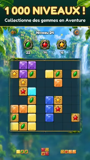 Niveau 24 de l’Aventure de Gem Bash avec des objectifs de gemmes sur le plateau, titre « 1 000 niveaux ! Collectionne des gemmes en Aventure »