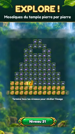 Carte de l’Aventure de Gem Bash : une mosaïque de temple construite pierre par pierre, titre « Explore ! Mosaïques du temple pierre par pierre »