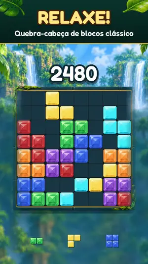 Gem Bash Clássico: o tabuleiro 8×8 na selva com blocos de joias e a pontuação, título “Relaxe! Quebra-cabeça de blocos clássico”