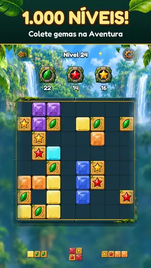 Nível 24 da Aventura do Gem Bash com metas de gemas no tabuleiro, título “1.000 níveis! Colete gemas na Aventura”
