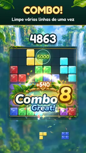Combo no Gem Bash: Combo 8 e Great! com +540 pontos sobre o tabuleiro, título “Combo! Limpe várias linhas de uma vez”