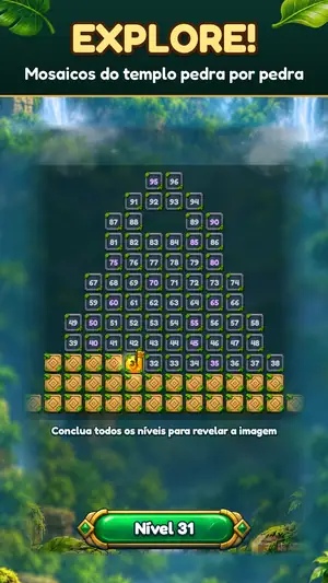 Mapa da Aventura do Gem Bash: um mosaico do templo montado pedra por pedra, título “Explore! Mosaicos do templo pedra por pedra”