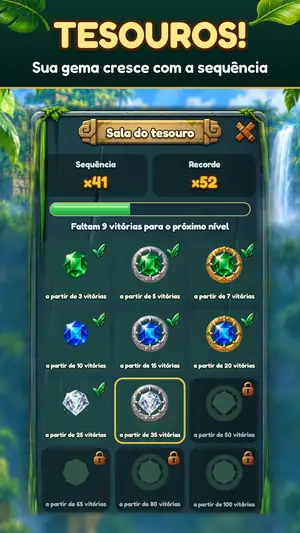 Câmara do tesouro do Gem Bash: emblemas de gemas por vitórias seguidas, título “Tesouros! Sua gema cresce com a sequência”