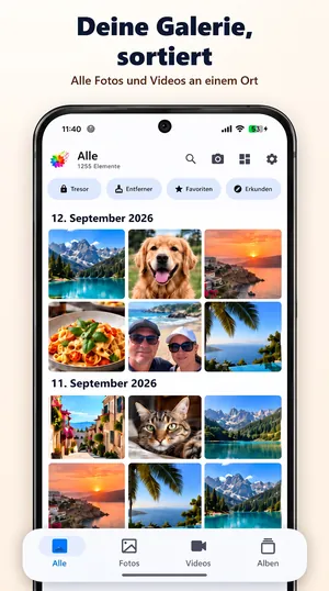 Galerie-App: alle Fotos und Videos im Raster, nach Datum gruppiert