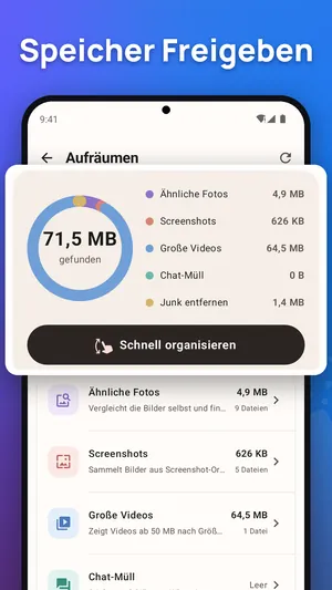 Aufräumen in der Galerie-App: 71,5 MB gefunden in ähnlichen Fotos, Screenshots, großen Videos und Chat-Dateien, mit dem Knopf Schnell organisieren