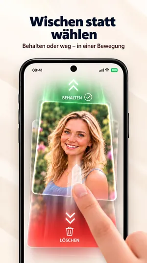 Schnell organisieren in der Galerie-App: Foto nach oben schieben zum Behalten, nach unten zum Löschen
