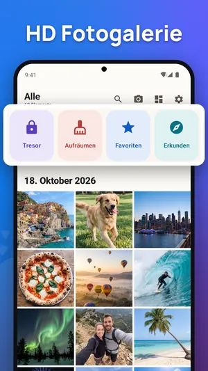Galerie-App: alle Fotos im Raster nach Datum, mit Kacheln für Tresor, Aufräumen, Favoriten und Entdecken