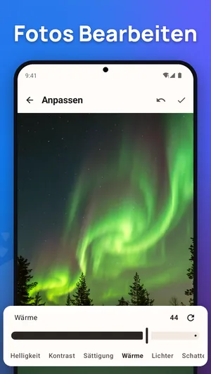 Fotobearbeitung in der Galerie-App: die Wärme eines Polarlicht-Fotos einstellen