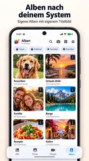 Albenansicht der Galerie-App mit eigenen Titelbildern für Favoriten, Urlaub, Familie und mehr