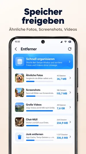 Aufräum-Übersicht der Galerie-App mit ähnlichen Fotos, Screenshots, großen Videos und Chat-Dateien samt Größe