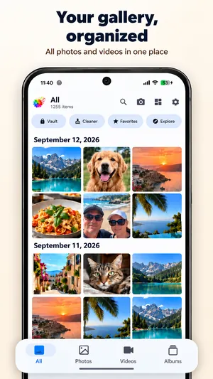 Photo Gallery app: all photos and videos in a grid, grouped by date