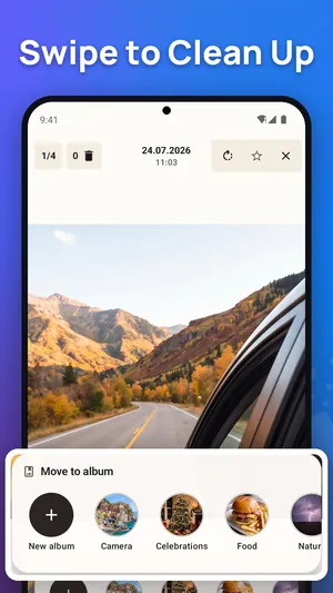 Swipe to clean up in the Photo Gallery app: a photo in full screen with a bar to move it to an album