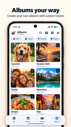 Albums view of the Photo Gallery app with custom album covers for favorites, vacation, family and more