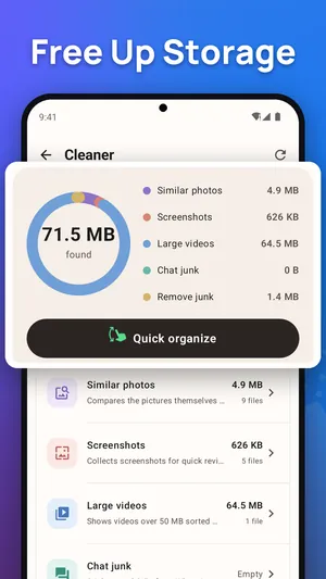 Cleaner in the Photo Gallery app: 71.5 MB found in similar photos, screenshots, large videos and chat junk, with a Quick organize button