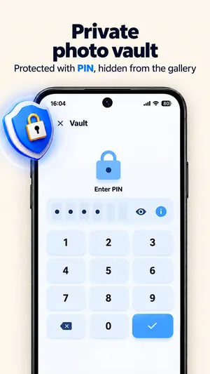 Private photo vault in the Photo Gallery app: PIN entry screen with a number pad