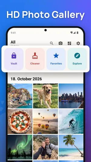 Photo Gallery app: all photos in a grid grouped by date, with shortcuts to Vault, Cleaner, Favorites and Explore