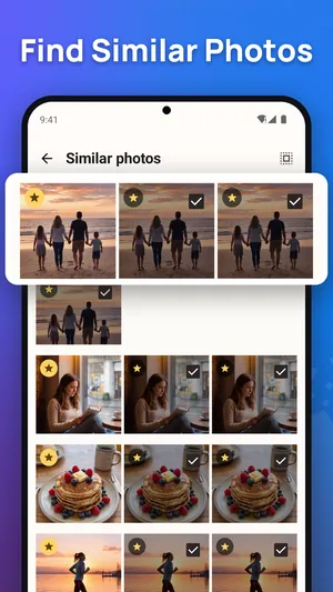 Similar photos in the Photo Gallery app: groups of near-identical shots to compare, one marked with a star
