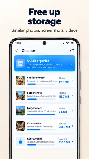 Cleaner overview in the Photo Gallery app listing similar photos, screenshots, large videos and chat clutter with their sizes
