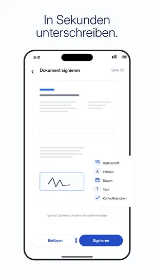 App PDF unterschreiben: geöffnetes Dokument in der Signieransicht mit Auswahl für Unterschrift, Initialen, Datum, Text und Häkchen