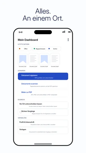Startseite der App mit zuletzt geöffneten Dateien und den Knöpfen Dokument unterschreiben, Dokumente scannen und Bilder in PDF