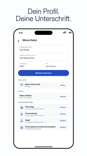 Profil in der App mit gespeichertem Namen, Adresse, Unterschrift und Initialen sowie Feldern für Firmenlogo und Stempel