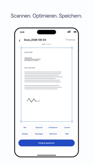 Gescannter Brief in der App mit Eckpunkten zum Zuschneiden und Werkzeugen zum Anpassen, Geraderücken und Zusammenfügen