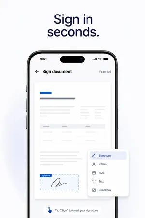Sign PDF app: a document open in the signing view with a menu for signature, initials, date, text and checkbox