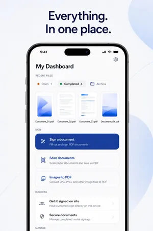 Sign PDF app dashboard with recent files and buttons to sign a document, scan documents and convert images to PDF