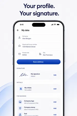 Sign PDF app profile screen with saved name, address, signature and initials, plus company logo and stamp fields