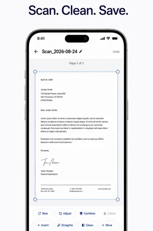 Scanned letter in the Sign PDF app with crop handles and tools to adjust, straighten and combine pages