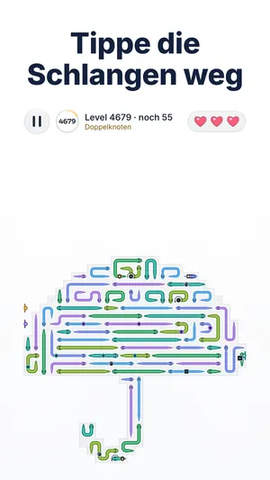 Snake-Escape-Level 4679 in Form eines Regenschirms: die Schlangen nacheinander wegtippen
