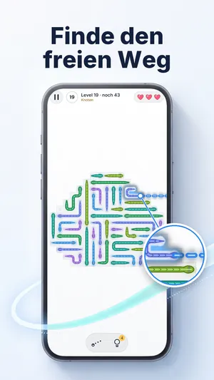Snake-Escape-Level in Form eines Baums, die Lupe zeigt die eine Schlange mit freiem Weg