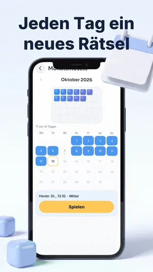 Tagesrätsel in Snake Escape: Monatsmosaik und Kalender mit dem heutigen Rätsel und einem Spielen-Knopf