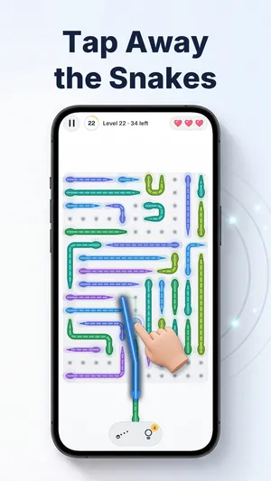 Snake Escape: a finger taps a neon snake on a crowded board and it slides out along its arrows