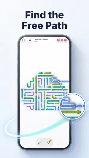 Snake Escape level in the shape of a tree, with a magnifier on the one snake whose path is free