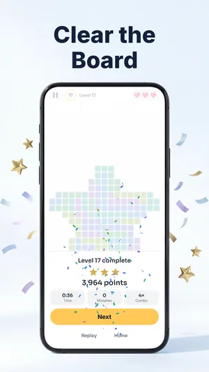 Snake Escape level 17 complete: star-shaped board cleared, three stars, points, time and combo