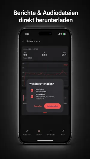 Download-Dialog im Schallpegelmesser: Audiodatei und PDF-Bericht mit Diagramm und Spitzenwerten speichern