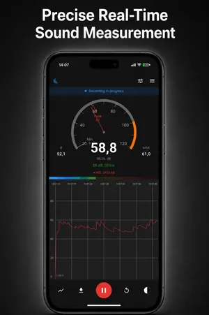 Sound Meter app measuring 58.8 dB with a gauge, minimum, average and maximum values and a live level chart