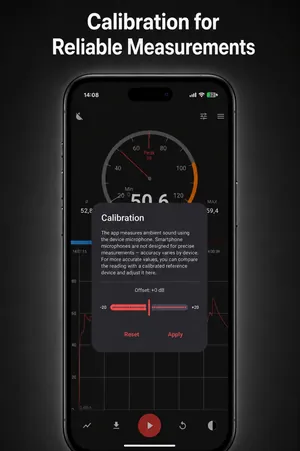 Calibration dialog in the Sound Meter app with an offset slider from minus 20 to plus 20 dB